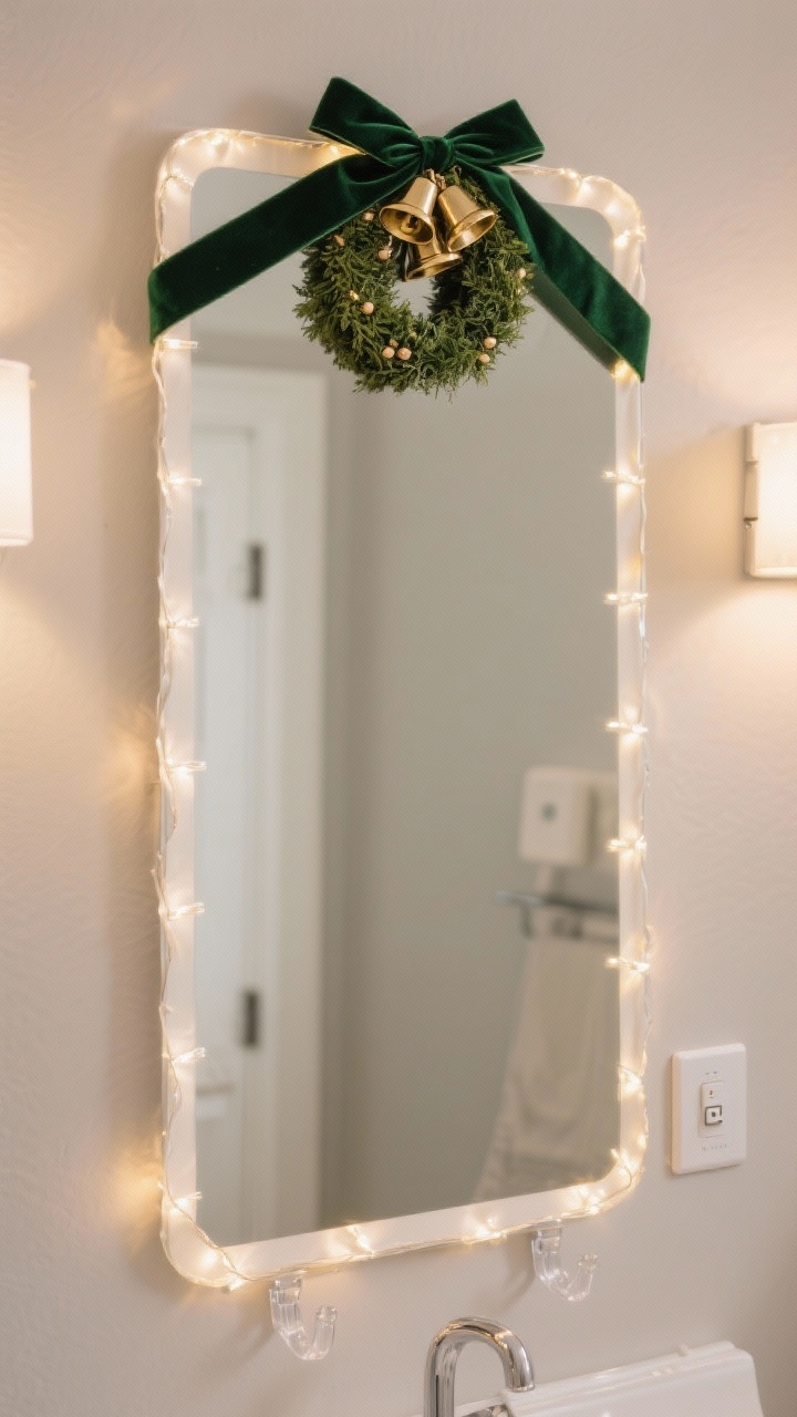 Photorealistic straight-on shot of a bathroom mirror dressed for the holidays: a deep green velvet ribbon looped over the top holding a cluster of small brass bells, a petite boxwood mini wreath centered at the upper edge, and warm white battery micro-lights outlining the mirror’s perimeter for flattering glow. Removable hooks visible as discreet clear tabs; lights set with a tiny timer box tucked at the side. Neutral wall and simple sconce lighting supporting the warm ambiance.