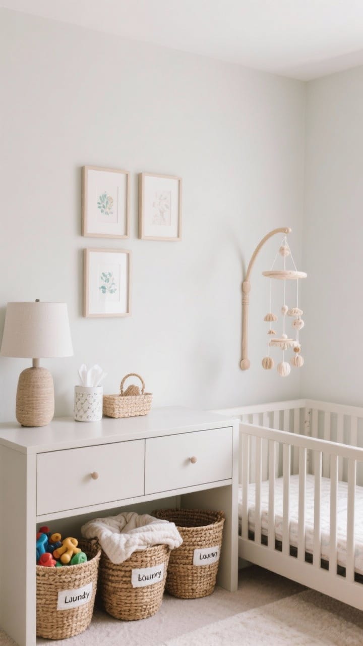 Photorealistic straight-on vignette of curated decor with purpose: a small wall art grid of two to three framed prints over a clean-lined dresser top kept minimal—just a lamp, wipes container, and a small caddy with one tasteful decor piece; a light and airy mobile hangs over the crib area; three woven baskets labeled for toys, laundry, and blankets; overall calm, intentional styling with clear surfaces and balanced negative space