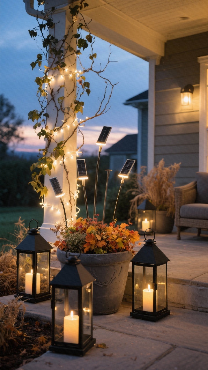 Photorealistic twilight wide shot of a cozy porch planter scene glowing with light: matte charcoal pots with fall plantings surrounded by black metal lanterns holding battery-operated candles on timers; warm white fairy lights wrapped through trailing ivy and around branches; solar stake lights rising from a large planter for nighttime drama; careful spacing away from dried elements; golden-blue hour ambiance