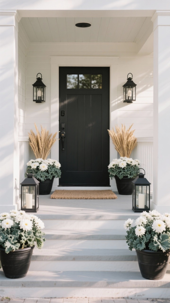Photorealistic wide entryway vignette emphasizing repetition and a cohesive color story: Modern Farmhouse palette repeated—white mums and sage ornamental kale in black matte pots, wheat accents in matching bundles, coordinated black lanterns and a neutral coir doormat; straight-on porch view with symmetrical repetition across steps, cool morning light creating a calm, curated look