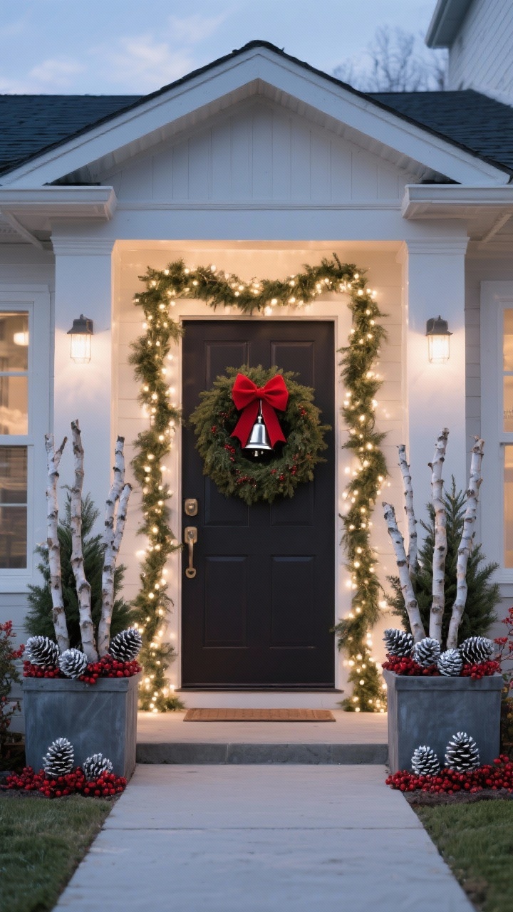 Photorealistic wide exterior shot of a front entry at dusk: symmetrical styling with a lush wreath on the door featuring a bold red bow and silver bells, matching garland framing the doorway; paired planters filled with evergreens, birch sticks, silver-painted pinecones, and red berries; warm white outdoor-rated string lights outlining architectural lines; clean, classic curb appeal with clear pathways; no mixed light temperatures.