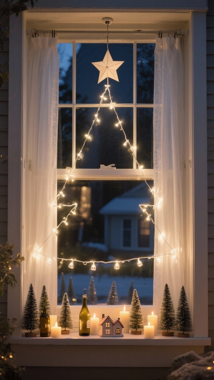 Photorealistic wide exterior-to-interior feel, straight-on shot of a window transformed into a light-tree silhouette: warm white LED curtain lights hung in a clean triangular shape with clear command hooks forming the “tree.” At the apex, a paper star lantern hangs from a suction hook as the topper. The window ledge is styled with a row of bottle-brush trees, flameless candles, and a tiny ceramic village. Nighttime scene with gentle glow illuminating the glass and casting soft reflections; cozy neighborhood-facing display.