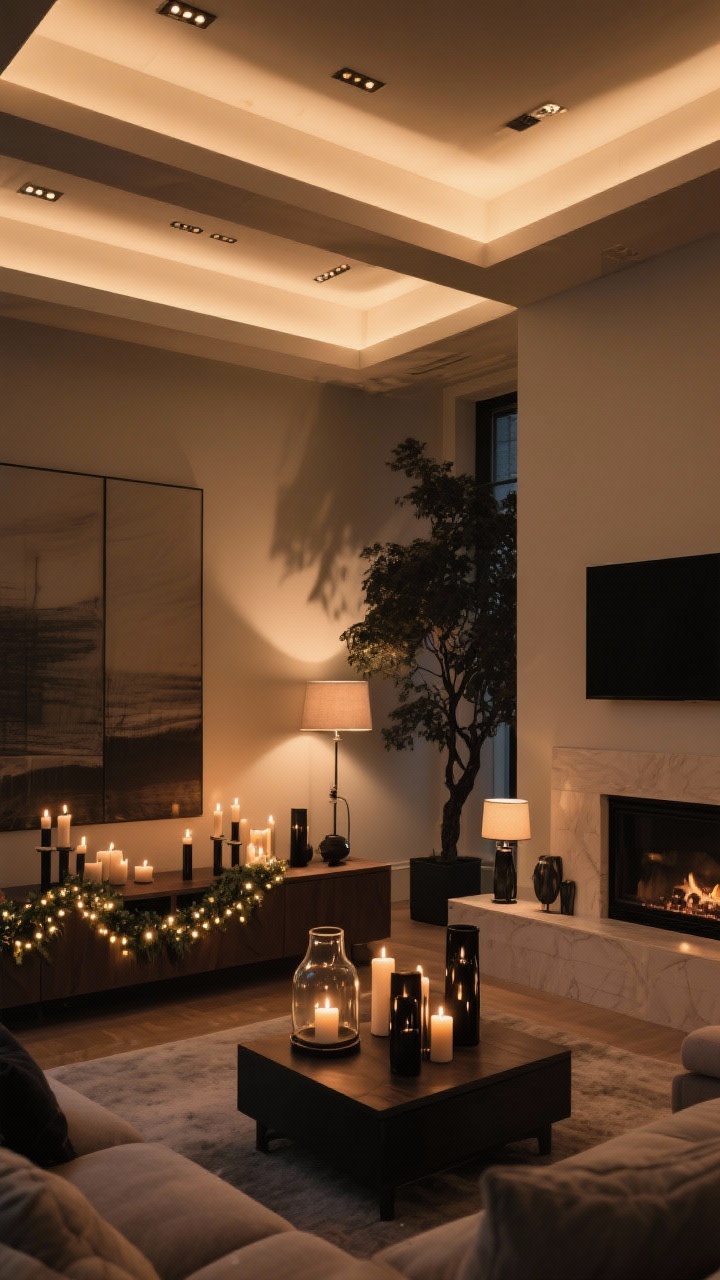 Photorealistic wide living area showing layered lighting for a cinematic glow: warm 2700K overhead lights on dimmers; micro-LED string lights tucked into a garland on a console and inside a glass hurricane; a mix of real and flameless candles in black or smoked glass holders; a small lamp aimed to side-light a dark tree or mantel; deep, flattering shadows and warm highlights; no people