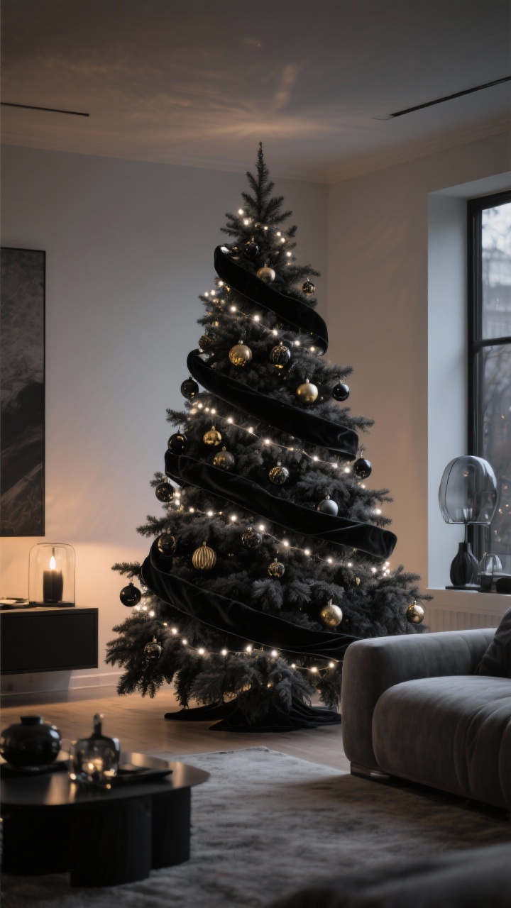 Photorealistic wide living room shot at dusk featuring a sleek black Christmas tree as the focal point; ornaments in a tight monochrome palette of matte black, charcoal, and smoky glass with subtle antique gold accents; warm white micro-LED lights woven throughout (no cool white); a black velvet ribbon garland spiraling the tree; optional variation: smoky spruce/charcoal flocked tree; modern, cozy mood with soft, warm glow and deep shadows; no people