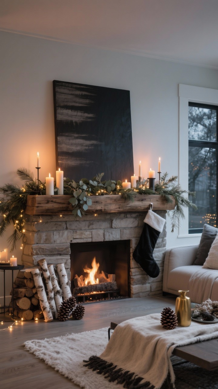 Photorealistic wide living room shot celebrating the finished winter mantel: layered cedar and eucalyptus base, varied candle heights with warm glow, moody focal art leaned and minimally layered, neutral rich textures (linen runner, felt details, brass and black accents), micro lights subtly twinkling, asymmetry balanced, natural elements like pinecones and birch logs by the hearth, and sophisticated stockings. Evening ambiance, no people, cohesive cozy mood.