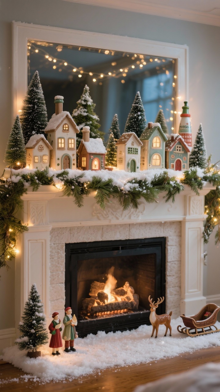 Photorealistic wide mantel scene featuring a vintage-inspired village: ceramic and cardboard Putz houses nestled across the mantel and tucked into greenery; tiny bottlebrush trees in varying sizes; battery-operated fairy lights glowing behind the houses; a dusting of faux snow or epsom salts; small vintage figurines like carolers, deer, and a sleigh adding storybook charm; twinkly evening ambiance, no people