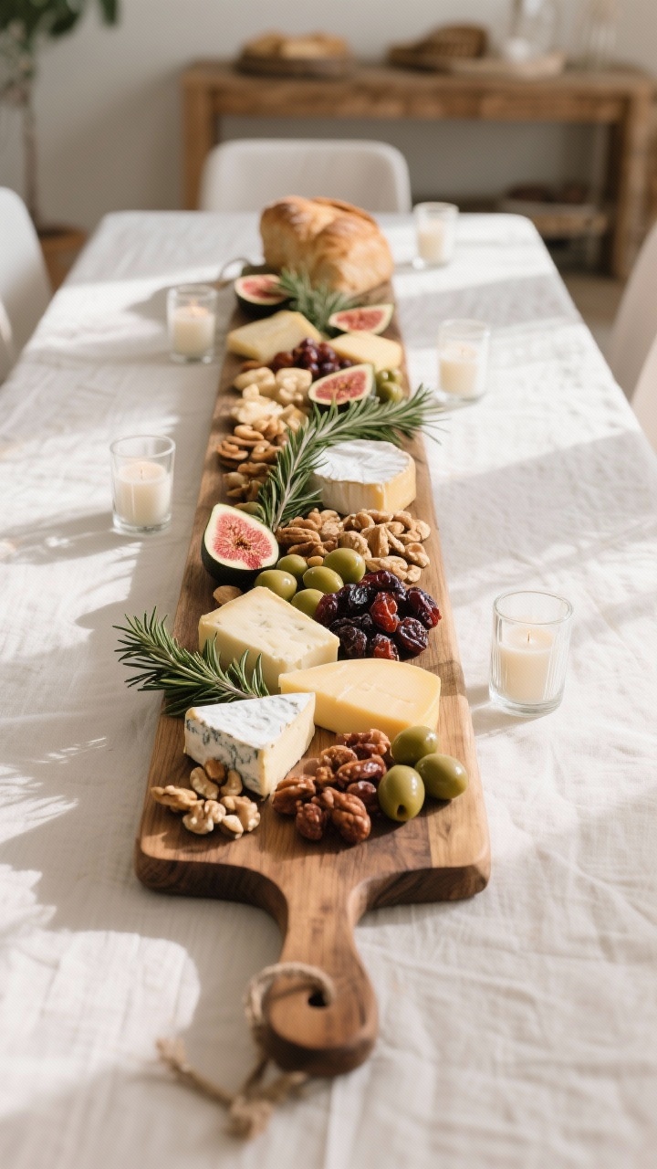 Photorealistic wide overhead shot of a rustic bread board grazing centerpiece: a long wooden board running down the table center, styled with clusters of cheeses, nuts, dried fruits, fig halves, and olives; sprigs of rosemary nestled between elements and a few low glass votives off to the sides (unscented); everything kept low for easy reach; natural afternoon light with gentle highlights on food textures.