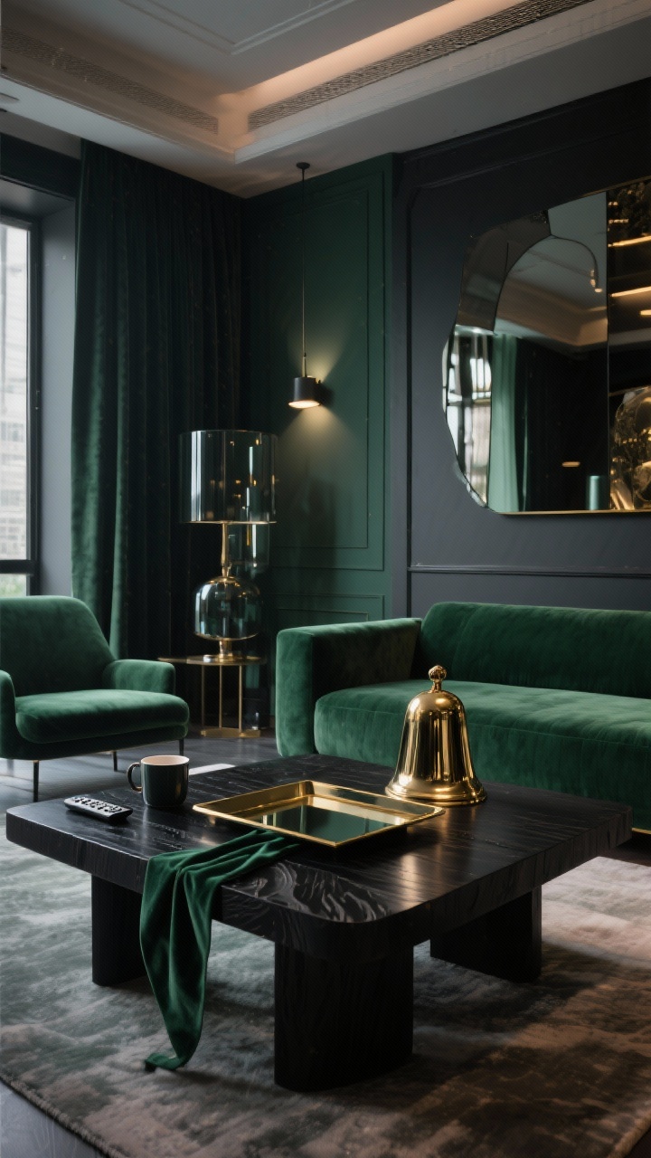 Photorealistic wide room shot embracing a clear theme then edited: choose “Moody Luxe”—deep green, black, and brass palette; a mirrored tray on a black-stained wood coffee table, dark glass elements, oversized brass bells, and velvet ribbon accents; minimal pieces with one item intentionally removed for breathing room; functional zone left clear for a mug and remote; evening ambient lighting with subtle reflections for a luxe mood, cohesive materials repeated.