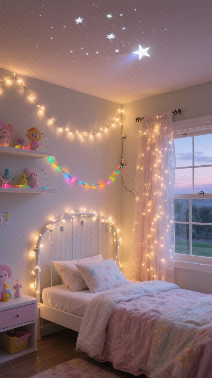 Photorealistic wide room shot of a kids’ bedroom at dusk showcasing twinkle light magic: warm white battery-operated LED fairy lights draped around a white metal headboard, a second multicolor strand tracing open wall shelves, and a twinkle curtain softly framing a window; command hooks visible, sheer curtains with lights tucked behind for a diffused glow; a subtle star projector casting soft stars on the ceiling; corner angle to show layered glow without cords, tidy and tangle-free.