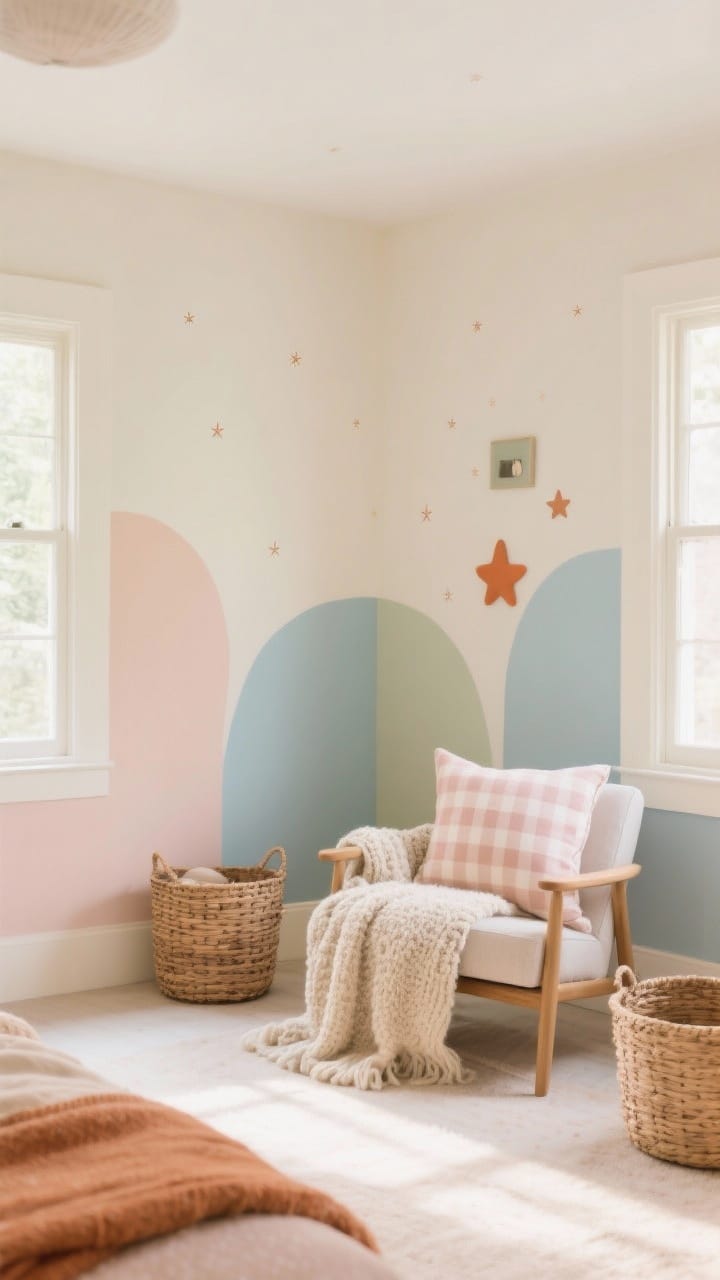 Photorealistic wide room shot showcasing a light, layered color palette: walls and ceiling painted the same soft warm ivory for a cocoon effect, with accents in muted sage, powder blue, terracotta, and blush across textiles and small accessories; micro-pattern elements like tiny star decals and a soft gingham pillow; textures highlighted—woven baskets, a knitted blanket draped over a chair, and a boucle pillow—bathed in diffused daylight to emphasize the airy, calming feel