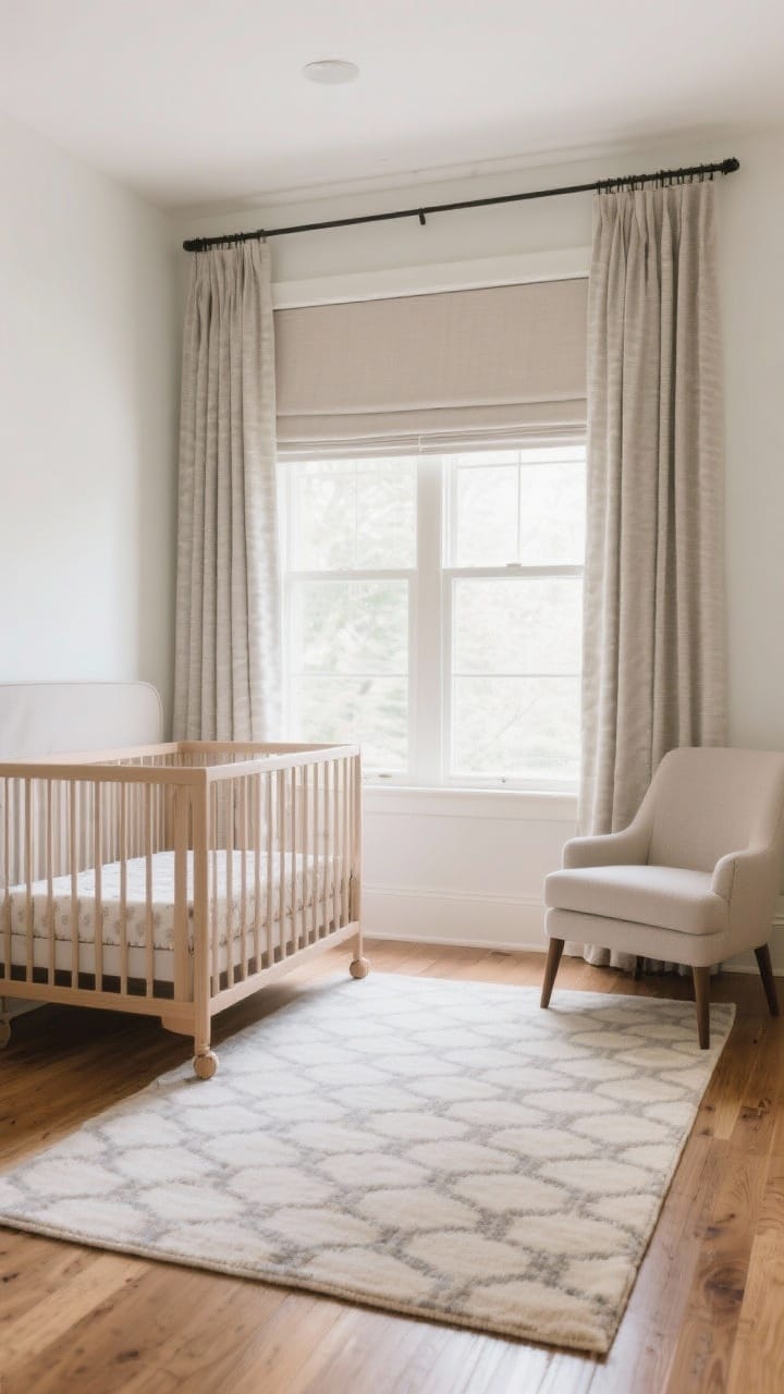 Photorealistic wide shot emphasizing textiles: a washable, low-pile rug anchoring the room with the front legs of the crib and chair on it, subtle repeating pattern to hide stains; layered window treatments—cordless blackout curtains mounted high and wide over a light-filtering shade to visually enlarge the window; soft daylight filtering in, warm wood flooring, and crisp, practical styling