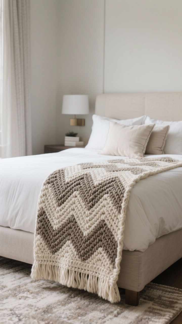 Photorealistic wide shot of a bedroom with a luxe crochet bed runner across the foot of a neatly made bed: chevron or basketweave stitch in a two-tone color block that coordinates with pillows or rug; dimensions suggest 18–24 inches wide and matching bed width; subtle ribbed border; soft acrylic-wool blend with gentle drape; matching pillow shams visible; calm natural light, hotel-level cozy, no people