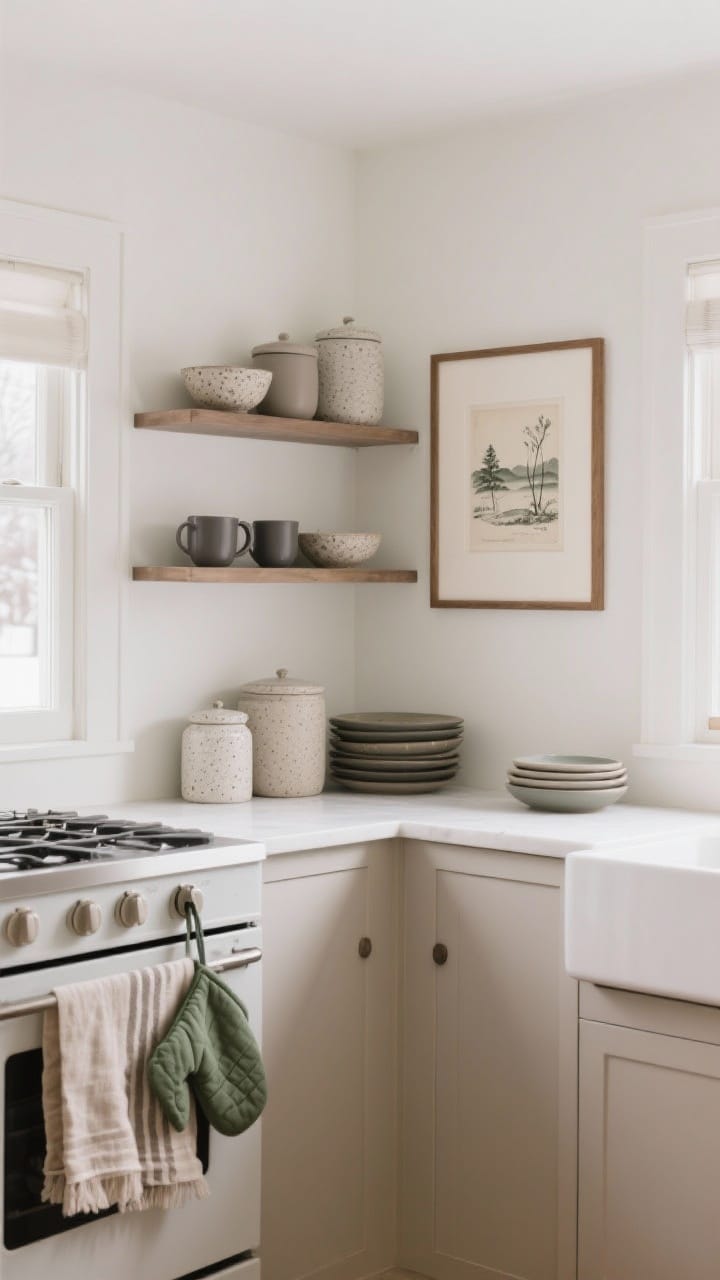 Photorealistic wide shot of a calm winter kitchen styled in a soft, neutral palette: warm white walls, taupe and oatmeal textiles (dishcloths, runner, and oven mitts), muted green accents, and soft charcoal notes; include matte stoneware canisters and speckled ceramic bowls on open shelves, a set of matte mugs, and framed art—vintage landscape and botanical sketch—hung or leaned in slim wood frames; minimal bold colors, edited surfaces, diffuse daylight from a window, camera at counter height capturing the whole palette harmoniously.