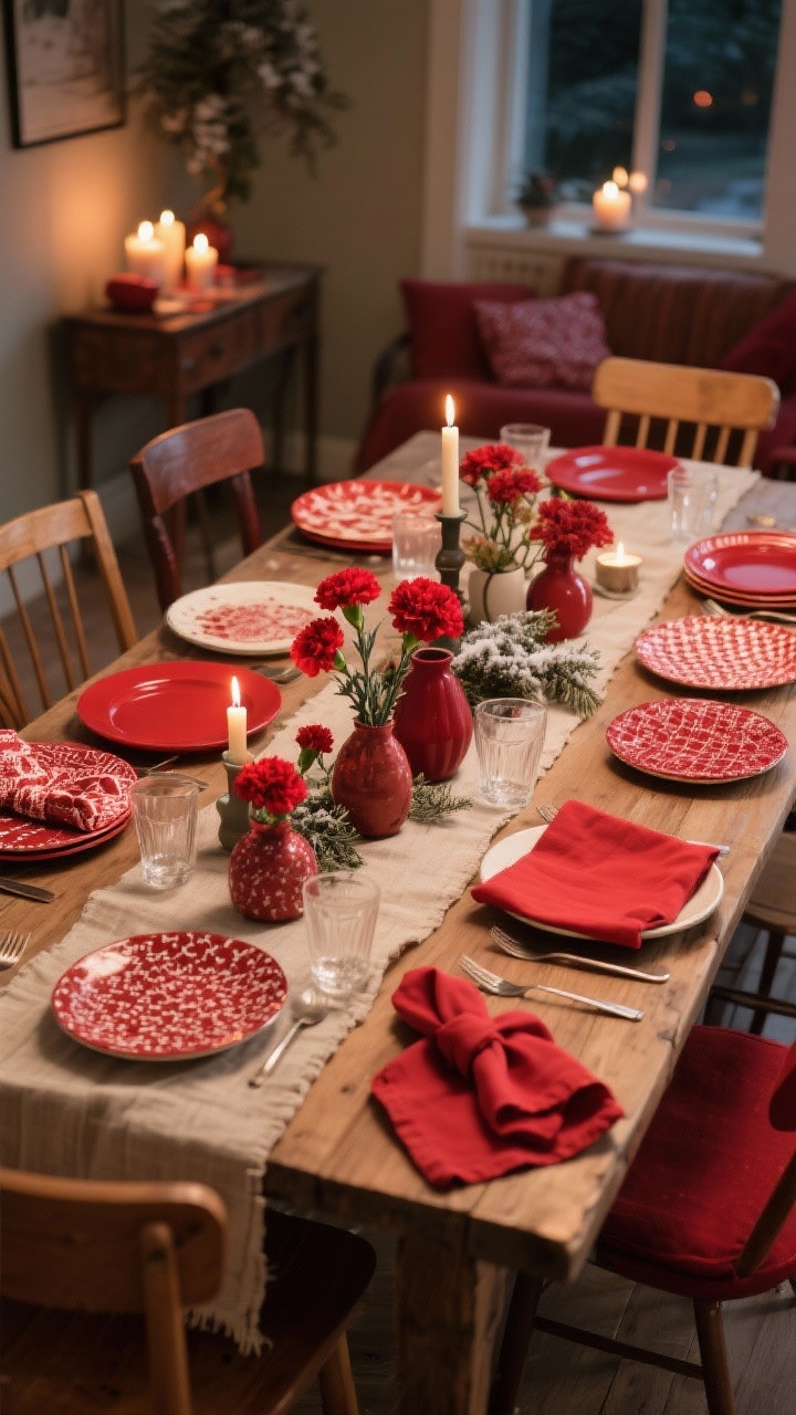 Photorealistic wide shot of a casual red mix-and-match dining scene: assorted plates and different red napkins in varying patterns orbiting a dominant red tone (e.g., cranberry), mismatched chairs, a neutral flax linen runner to ground the look, and cohesion created by repeating one element three times (same napkin fold, same candle style, or same glass shape); easy centerpiece with mismatched vessels filled with red carnations and winter greenery; relaxed, lived-in atmosphere with evening candlelight, no people