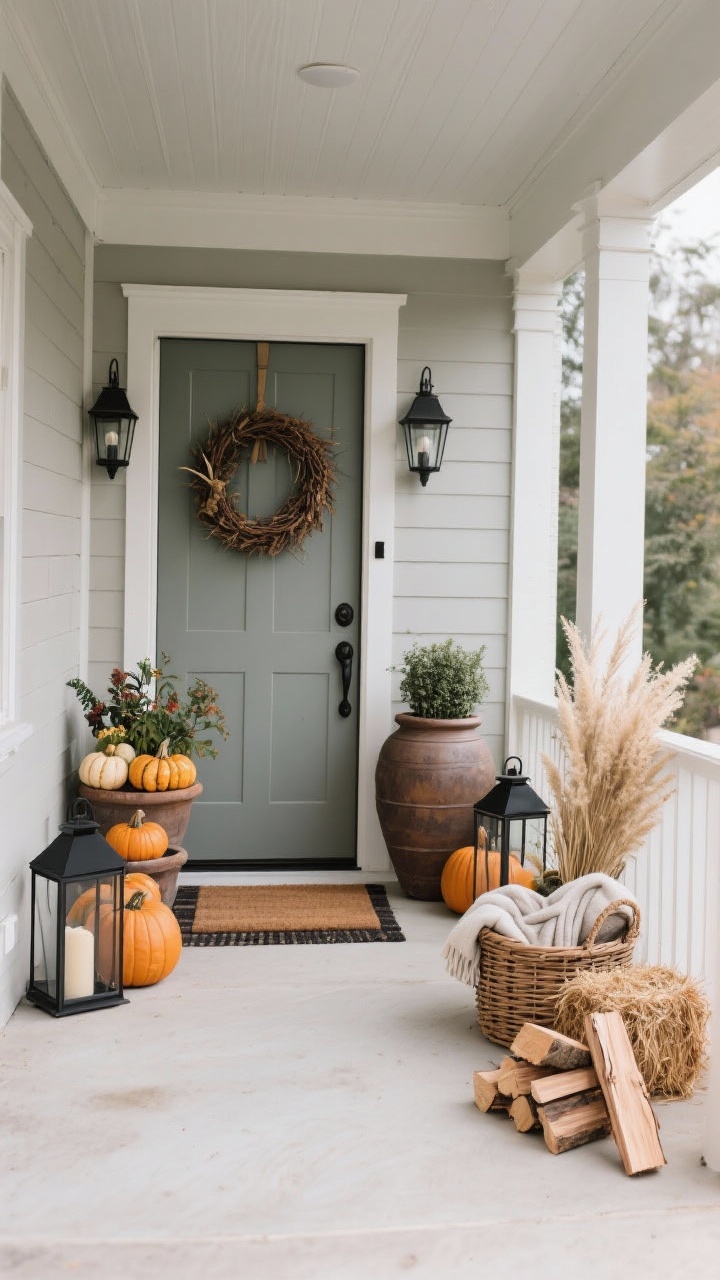 Photorealistic wide shot of a curated porch vignette: one large urn near the door as the anchor, two medium planters staggered left and right for support, accents of mixed pumpkins, black lanterns, and a wicker basket of throws/firewood, with optional dried grasses and a small hay bale adding texture; layered doormat and a coordinating wreath; straight-on composition, soft overcast light, clear tall-to-low visual flow and repeated colors