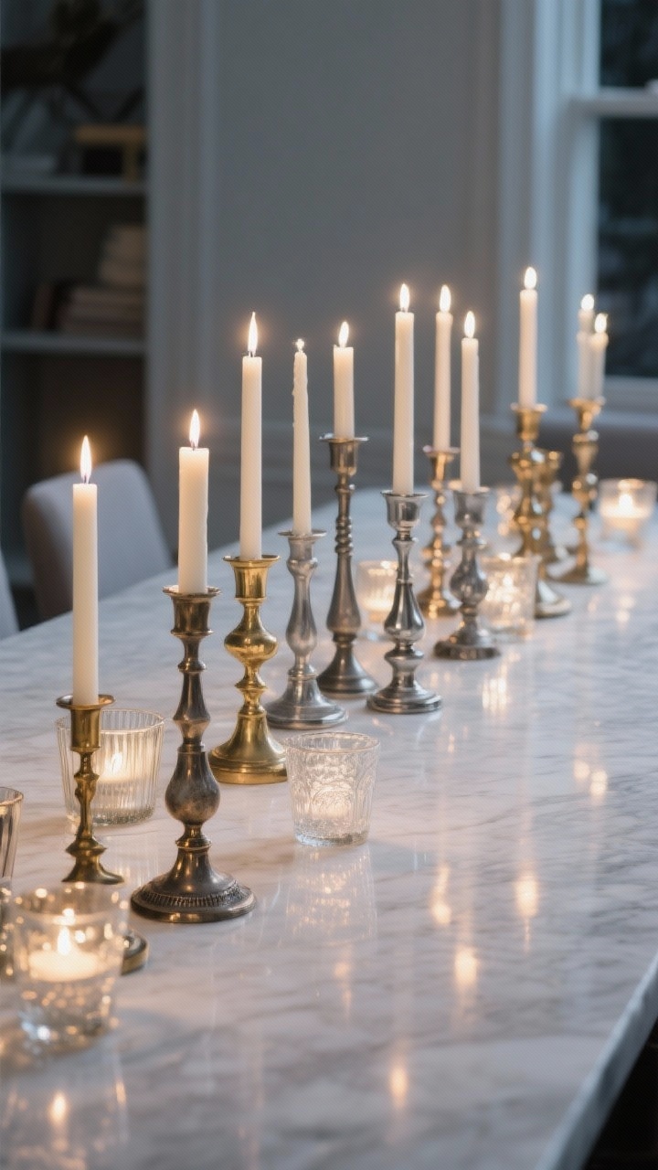 Photorealistic wide shot of a dining table featuring a parade of mismatched vintage candlesticks in mixed metals—brass, pewter, and nickel—lined down the center; taper candles in a cohesive winter palette of ivory, champagne, and smoky gray; a few glass votives interspersed to reflect and amplify the glow; uncluttered tabletop to avoid overcrowding; evening ambiance with reflective highlights; straight-on composition.