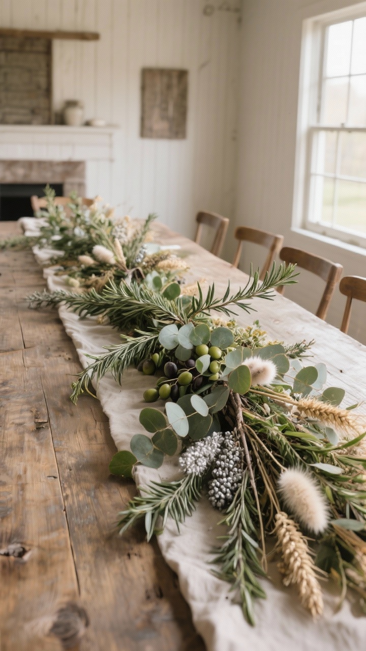 Photorealistic wide shot of a dining table runner draped with foraged greenery: trailing branches with turning leaves, long stems of rosemary and olive intermixed with eucalyptus (seeded and silver dollar), plus dried wheat, bunny tails, and pampas for texture; arrangement is low and lush along the runner, evoking a harvest meadow; neutral farmhouse room with weathered wood and soft natural light from side windows; straight-on view capturing the full length of the table
