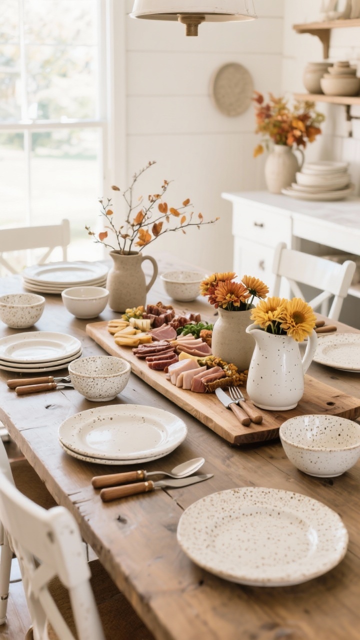 Photorealistic wide shot of a farmhouse dining table staged with serveware as decor: white and cream stoneware platters, speckled ceramic bowls, and wood-handled utensils arranged attractively; a large wooden board centered as a base for the display, ready to slide into charcuterie duty; stoneware pitchers used as vases with mums and fall branches; mixed neutral pieces that coordinate without matching; bright natural daylight, straight-on perspective