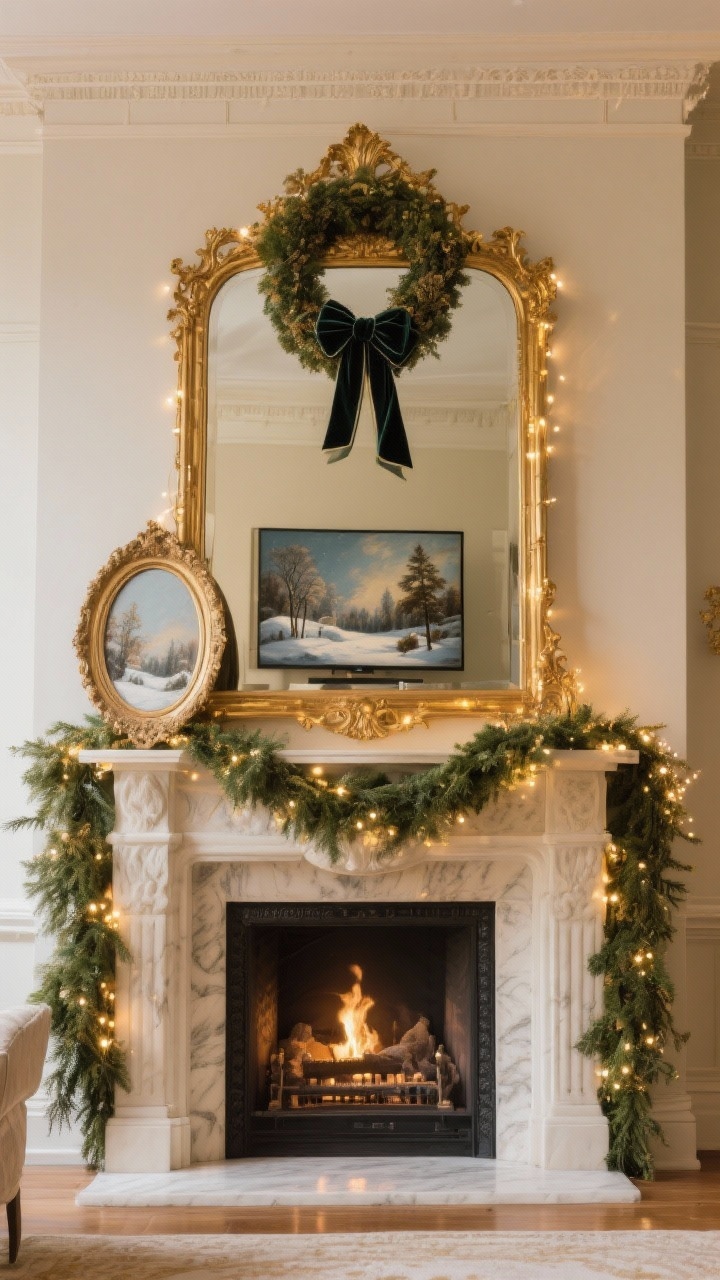 Photorealistic wide shot of a grand Victorian mantel focal point: a large gilded mirror centered above the fireplace, topped with a wreath finished in velvet ribbon for added height. Layer a smaller oval or cameo frame leaning in front for dimension. Warm micro fairy lights subtly tucked around the mirror’s edge for sparkle. Full garland below complements but doesn’t overpower the mirror. Golden, reflective glow, rich textures, no people; if a TV is present, it displays a classical winter painting within a faux frame effect.