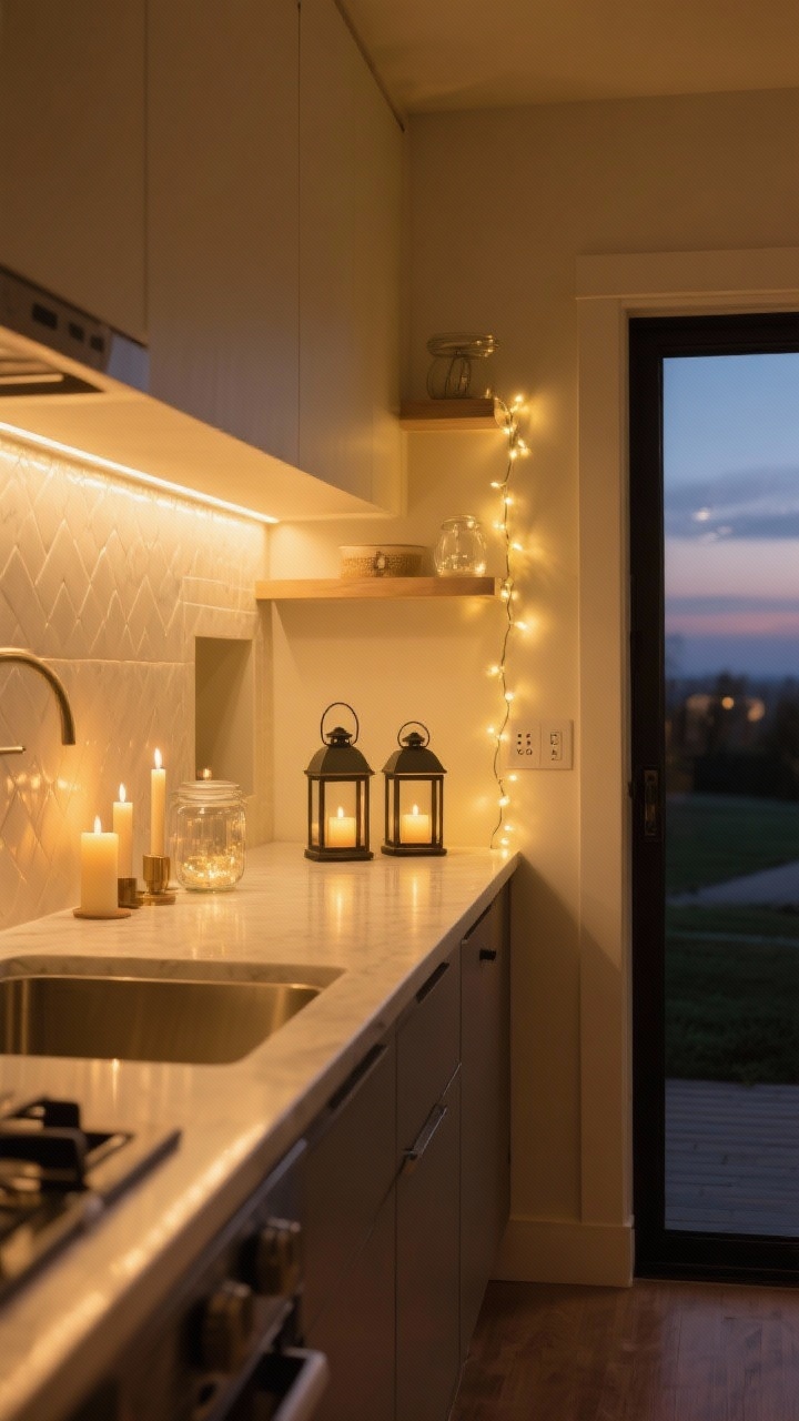 Photorealistic wide shot of a kitchen softly illuminated with layered warm lighting: under-cabinet LED strips at 2700–3000K casting even prep light, pair of small battery lanterns on the counter, LED taper candles near a backsplash niche, and a delicate string of fairy lights tucked along a shelf and inside a clear jar. Evening scene with timers implied, golden glow flattering surfaces and creating cozy twinkle. Perspective from the room entrance.