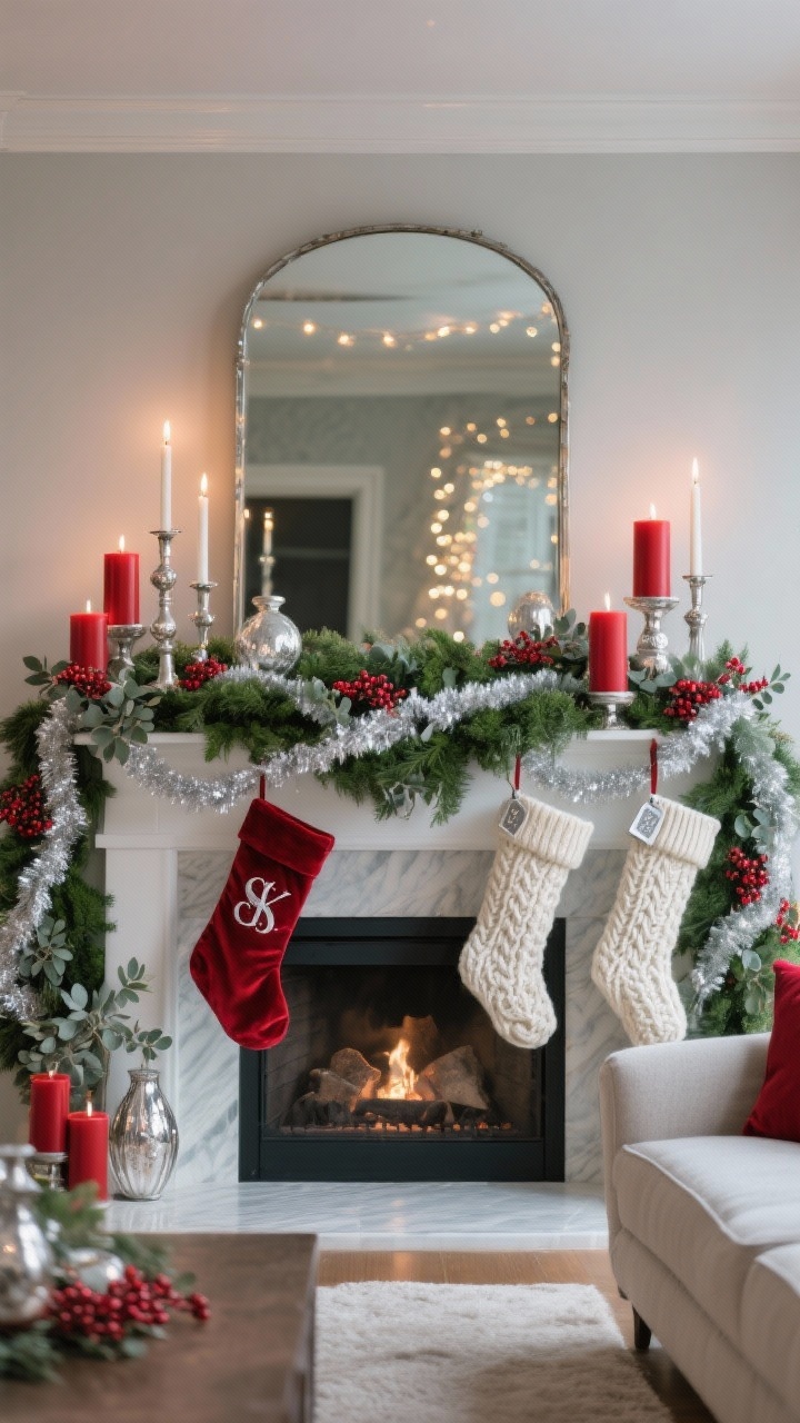 Photorealistic wide shot of a living room mantel styled with layered garlands: a full green base garland topped with a frosted/silver-tipped garland for shimmer; red berries tucked throughout, sprigs of silver eucalyptus, and mercury glass accents; mix of silver taper candlesticks and chunky red pillar candles at varied heights; statement stockings—two in red velvet with silver monograms and two in ivory cable-knit with silver tags; a mirror above the mantel reflecting twinkly lights; soft evening lighting.