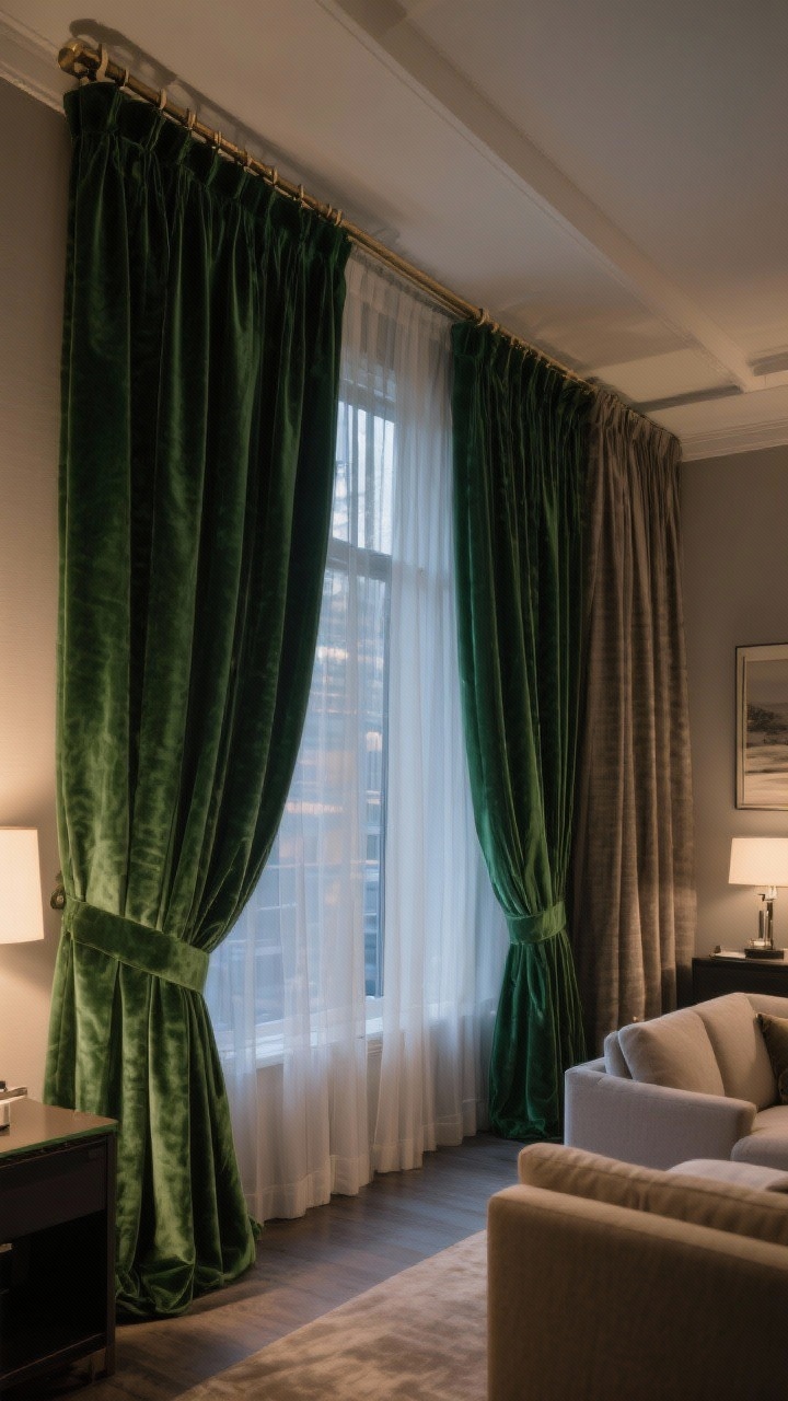 Photorealistic wide shot of a living room window wall dressed for warmth: lined velvet curtains in deep green hung high and wide (rods extend 6–12 inches past window and close to ceiling), airy sheers layered behind thick drapes; heavy linen option visible in adjacent window for variety; the room feels taller and cocooned; evening light filtered through sheers creating softness by day, with substantial drapes pulled in for nighttime warmth; quiet, luxe hotel vibe.
