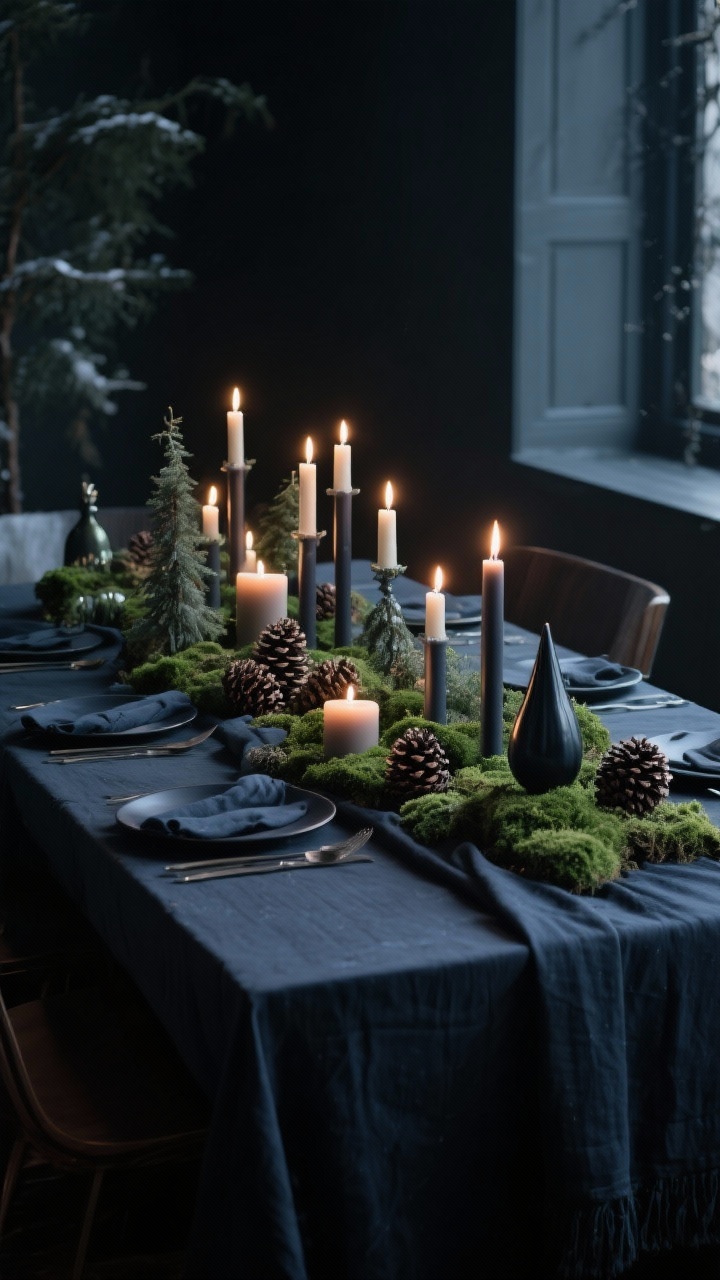 Photorealistic wide shot of a moody winter tablescape: a charcoal or navy table runner as base, clustered pillar and taper candles at staggered heights casting flickering, dramatic light; layered real moss, pinecones, and a few dark-toned ornaments creating a miniature forest scene; deep greens, inky blues, and charcoal tones dominate; low ambient lighting with strong candlelight contrast; captured from a corner angle to emphasize depth.