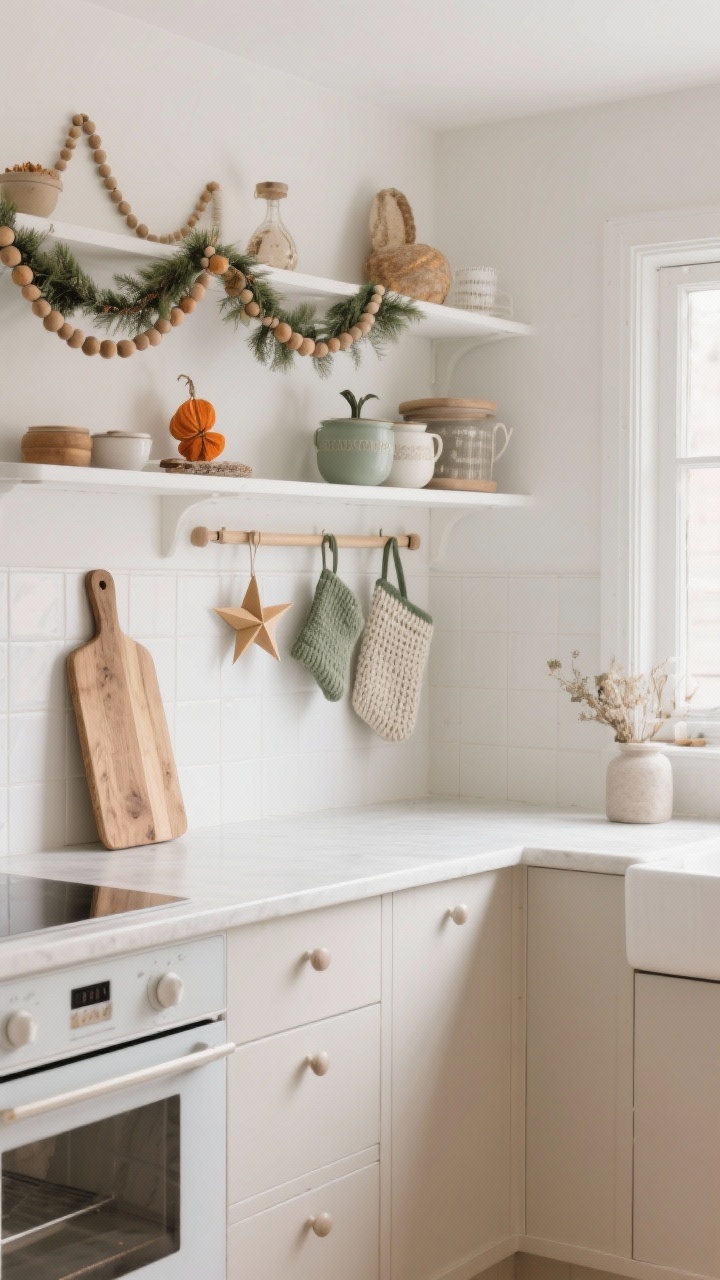 Photorealistic wide shot of a Scandinavian-inspired holiday kitchen: neutral palette of whites, creams, and taupes with subtle sage accents; natural wood bread boards leaning by the backsplash; a wooden bead garland draped across open shelving; simple natural ornaments; handmade touches like a dried orange garland and folded paper stars; knitted pot holders hanging from pegs. Minimal clutter, matte textures, soft diffused daylight, serene and cozy Nordic calm.