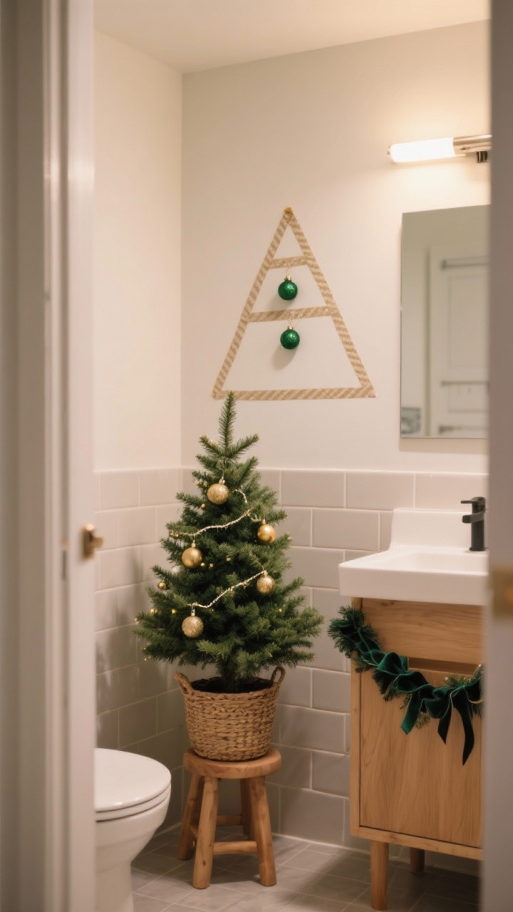 Photorealistic wide shot of a tiny bathroom corner with a micro Christmas tree: a 20-inch mini faux spruce on a small wooden stool beside the vanity, decorated with tiny brass and forest-green ornaments and a thin velvet ribbon garland. The pot is dropped into a woven basket; nearby wall shows a renter-friendly washi-tape triangle wall tree with two clipped mini ornaments as a space-saving alternative. Neutral tiles, soft warm ambient light, uncluttered, inviting composition from a doorway angle.