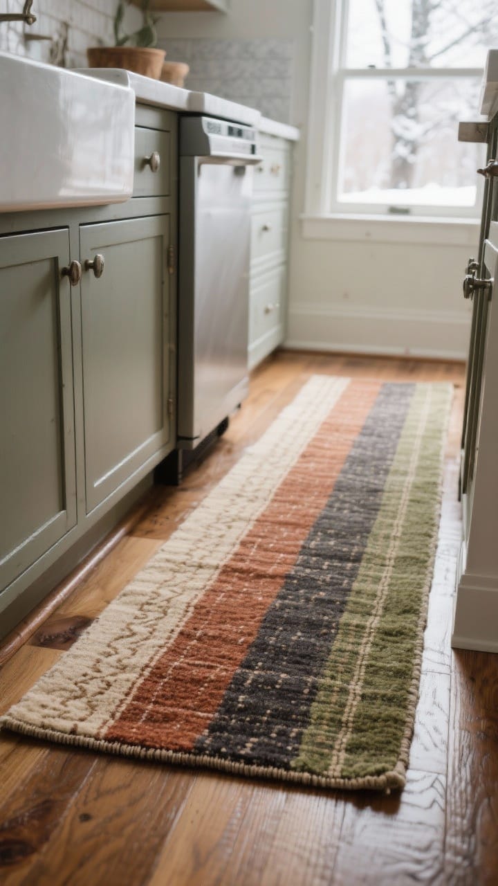 Photorealistic wide shot of a winter kitchen floor vignette: a washable low-pile runner in vintage-style subtle patterning, colored in earthy tones—rust, oatmeal, charcoal, and sage—stretching along base cabinets; include a visible rug pad edge slightly tucked to imply safety, warm wood toe-kicks, and soft acoustics; morning natural light from a side window, camera low at floor level to emphasize texture, comfort, and how the rug ties the palette together.