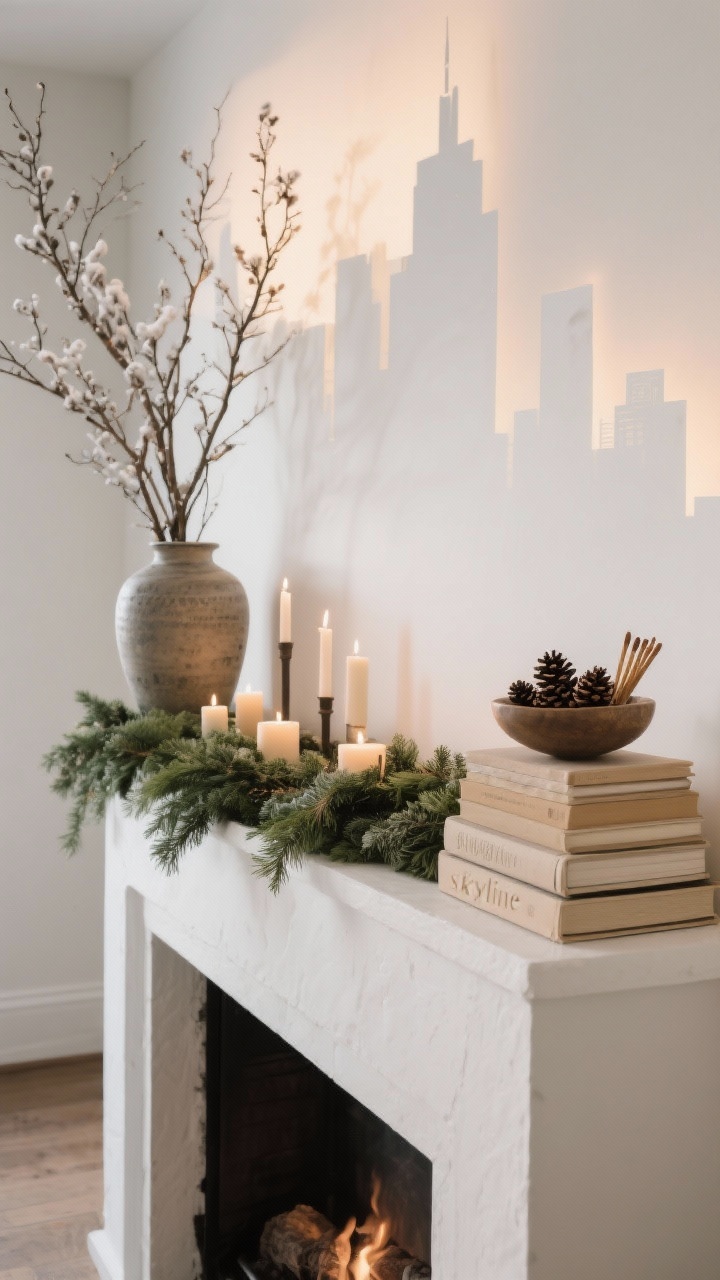 Photorealistic wide shot of an asymmetrical mantel composition “skyline”: on the left, tall foraged winter branches in a heavy ceramic vase; low center with layered greenery garland and candles at staggered heights; on the right, a wide stack of neutral books topped with a shallow bowl of pinecones and long matches. Clean white wall, balanced but intentionally off-center, warm evening lighting.