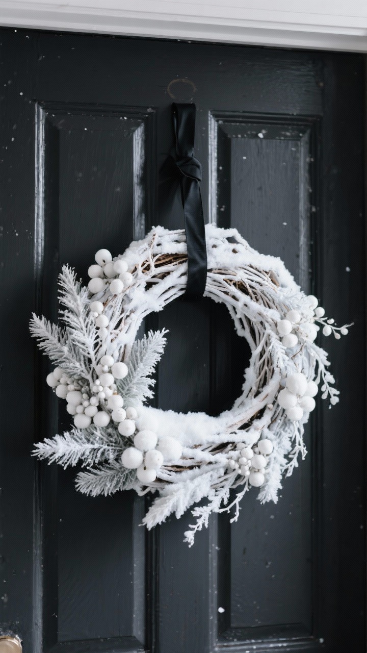 Straight-on closeup of an all-white snow wreath on a dark charcoal door: white or pale grapevine base layered with snowy branches, soft faux lamb’s ear, and matte/satin white berries; no glitter, emphasis on varied textures and soft-sheen whites; a thin black ribbon for refined contrast; moody winter lighting creating elegant depth.