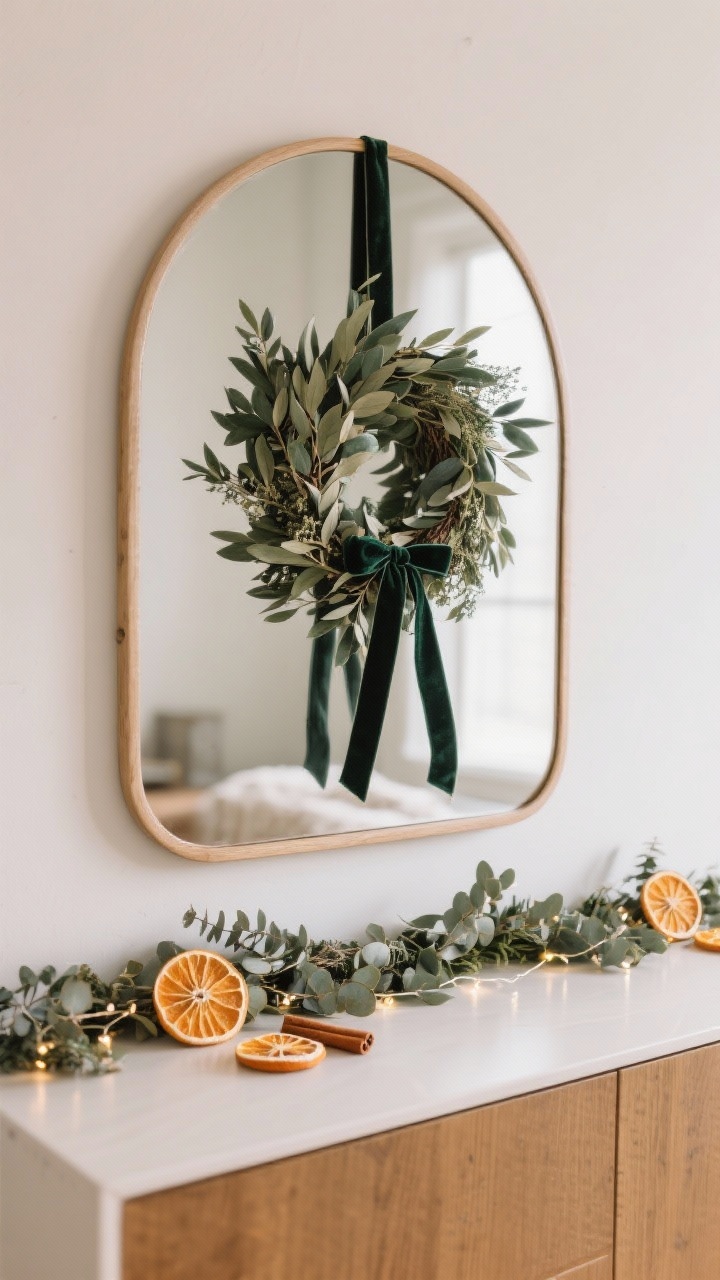 Straight-on detail shot of minimal winter greenery: an asymmetrical olive or eucalyptus wreath with velvet ribbon tails hanging on a mirror above the sideboard; a low eucalyptus garland with tiny fairy lights draped across a credenza; dried orange wheels and cinnamon sticks tucked sparingly; low-profile arrangement to avoid visual clutter; soft, warm lighting.
