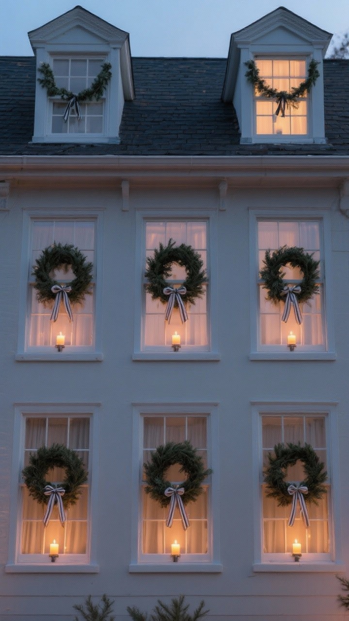 Straight-on exterior facade detail focusing on windows at dusk: identical simple wreaths centered on each window, each hung by a ribbon for cohesive repetition; warm battery window candles with dusk-to-dawn glow on interior sills; delicate evergreen swags on upper corners of smaller windows; include the trick of ribbon dropped from inside for an old-fashioned look; subtle, elegant lighting, photorealistic.