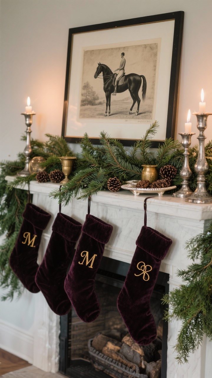 Straight-on mantel scene that tells a story: lush fresh cedar garland layered with juniper sprigs and pinecones; tarnished silver candlesticks and small silver tray interspersed with a few antique brass pieces; a leaning vintage equestrian print and a black-and-white photograph behind the greenery for depth; velvet or wool stockings in deep tones with monogrammed gold-thread initials; soft, warm evening glow from candles, uncluttered and curated.