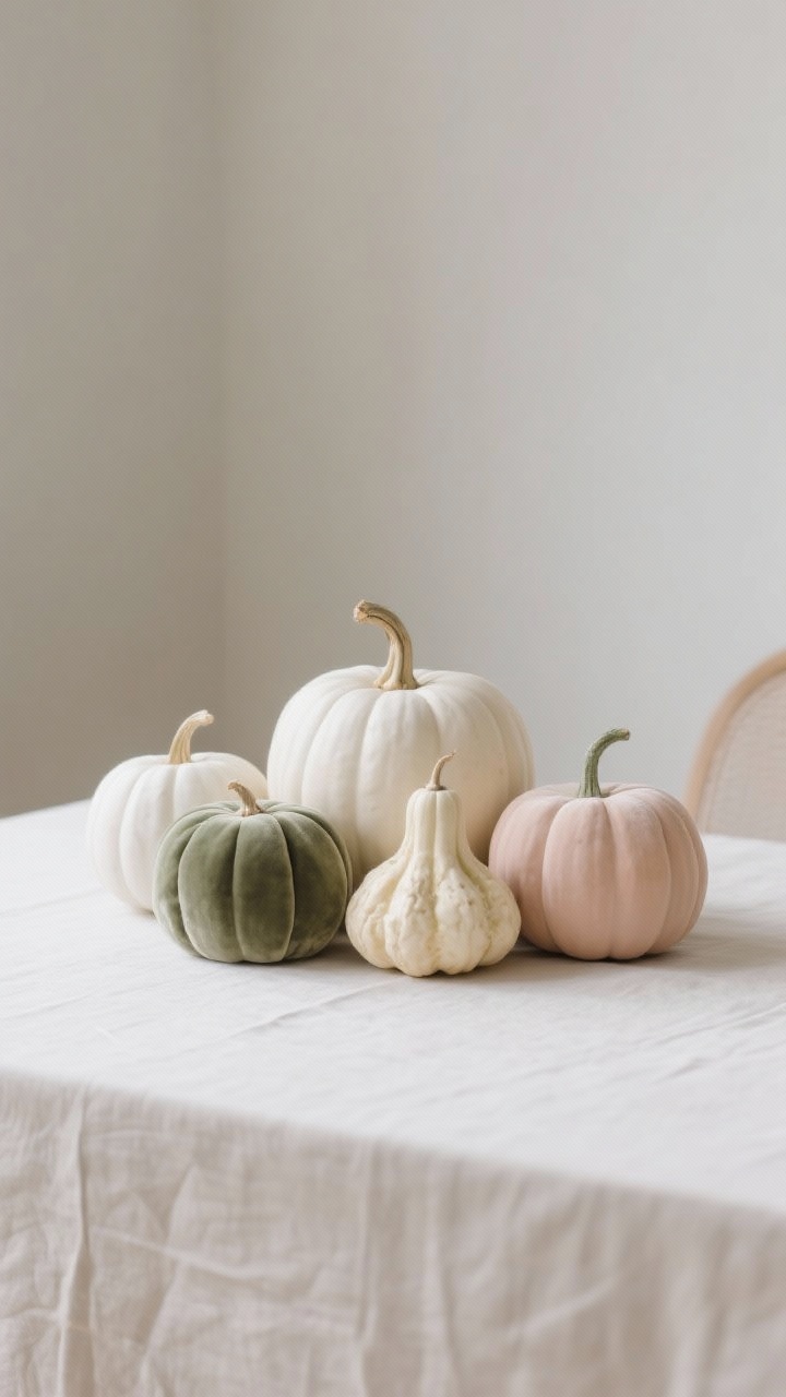 Straight-on medium shot — A neutral pumpkin centerpiece without farmhouse vibes: clustered groups of white, cream, sage, and pale blush gourds (real and faux), arranged in threes with one large, one medium, one mini per cluster. Mix velvet pumpkins with matte ceramic pumpkins and natural Cinderella varieties. Keep centerpiece low so sightlines stay clear across the table. Minimalist background, soft neutral linens beneath.