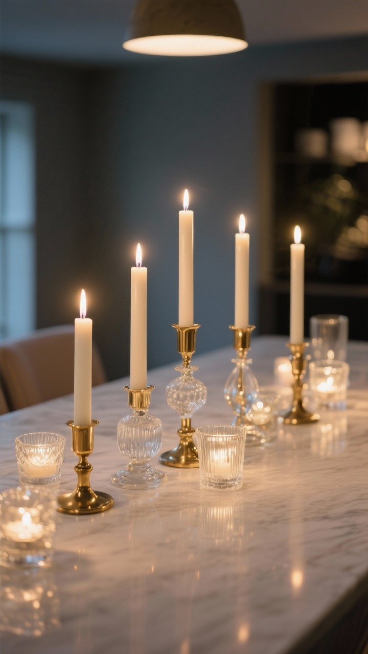 Straight-on medium shot: a refined candlelight arrangement featuring ivory taper candles in mixed brass and clear glass holders, interspersed with small glass votives for layered glow. Keep a monochrome candle color with mixed finishes (matte, glossy, metallic). Arrange candles in odd-number groupings (three and five) along the table, with dripless tapers and tidy, stable bases. Evening scene with dimmed overheads so the candles provide the warm, photorealistic glow; no scented elements visible.