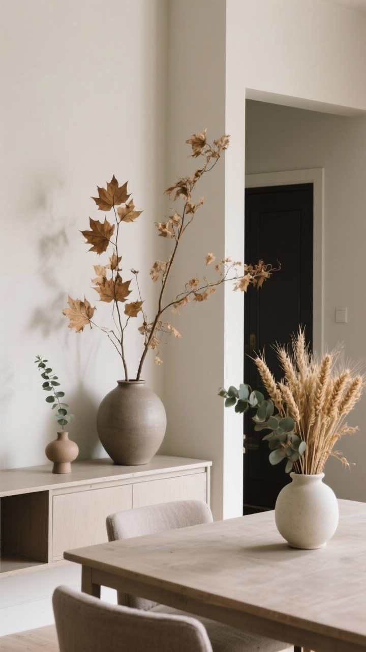 Straight-on medium shot of a console and dining table corner focused on natural dried stems: an oversized matte ceramic vase in the entry holding tall dried maple branches, a smaller bud vase on a nightstand-like side table with a single eucalyptus stem, and a mixed arrangement of wheat plus eucalyptus in a matte off-white vessel. Neutral backdrop, subtle shadows, highlighting height, movement, and the matte textures; calm, earthy ambiance.