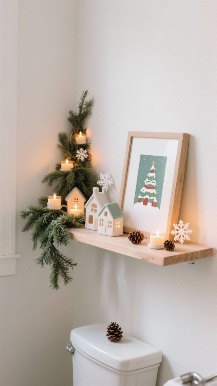 Straight-on medium shot of a festive bathroom floating shelf: asymmetrical styling with a casually draped faux greenery swag, several warm battery tea lights creating cozy glow, miniature ceramic houses, snowflake accents, and small pinecones; a framed downloadable holiday art print leaning at one side; matte white wall, light wood shelf, soft ambient lighting for an inviting, curated-but-cozy feel, photorealistic.