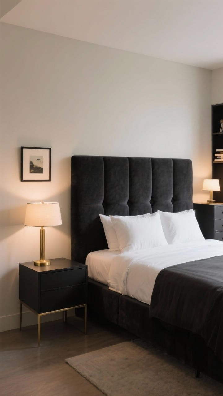 Straight-on medium shot of a headboard centered on a wall, demonstrating two contrasting setups: on the left, a slim nightstand with a larger lamp and a small framed art piece above; on the right, a taller dresser or bookshelf with a smaller lamp; overall symmetry reads calm due to the centered upholstered headboard and aligned artwork; neutral tones with matte black and soft brass accents, warm ambient lighting, photorealistic.