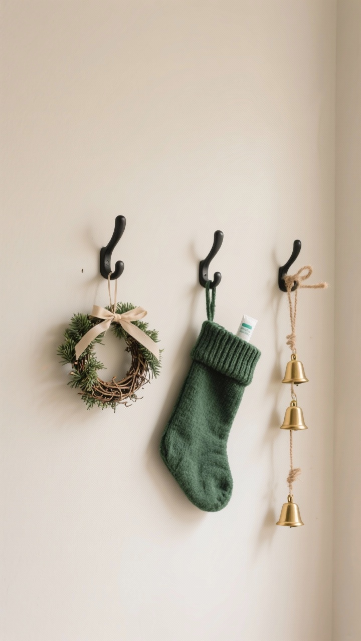 Straight-on medium shot of a minimal holiday wall hook display: two matte black hooks on a light wall holding a tiny wire-and-faux-greenery mini wreath tied with ribbon, and a small knit stocking used for guest toiletries; a slender strand of brass bells on jute hangs to the side for a Scandinavian vibe; negative space preserved, cream, forest green, and brass palette, soft warm lighting, photorealistic.