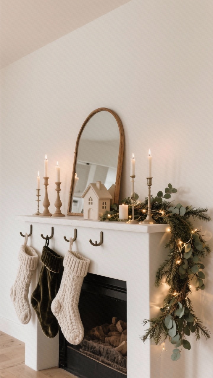 Straight-on medium shot of a minimal, magical mantel: A cedar or pine garland layered with eucalyptus draping asymmetrically off one side, battery-powered fairy lights tucked within for subtle twinkle. Varying-height candlesticks, and a single sculptural focal point such as an arched mirror or ceramic house. Knit, velvet, or linen stockings in the room’s palette hung on matching hooks in a tidy line. Clean negative space, balanced composition, soft warm lighting, photorealistic.