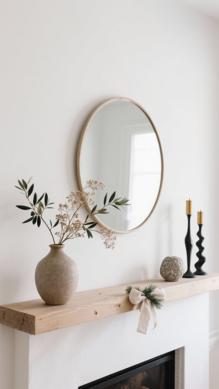 Straight-on medium shot of a pared-back January mantel: one large round mirror as anchor, a low vase with olive branches or dried lunaria, and a texture trio—two slim sculptural candlesticks (brass or matte black) plus one ceramic or stone object. White wall, light wood mantel, no bows or holly. Gallery-like, quiet and chic, easy-to-dust vibe with soft indirect daylight.
