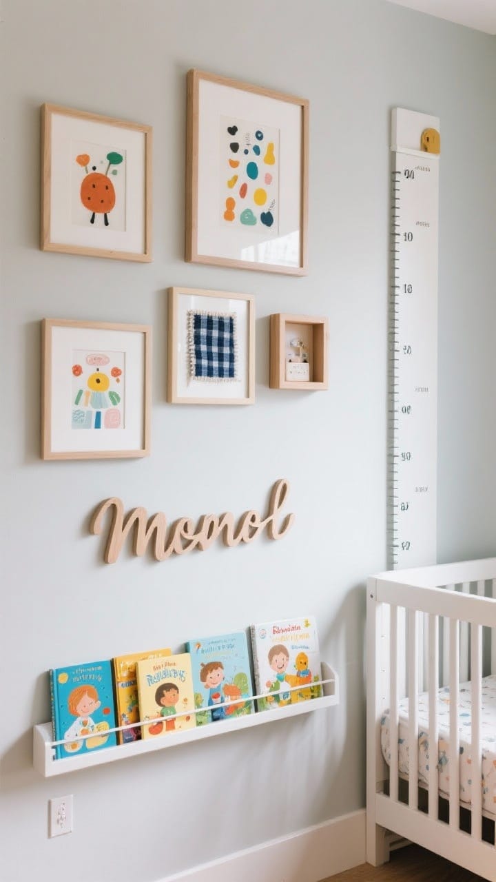 Straight-on medium shot of a personality wall: a tidy gallery arrangement mixing framed playful art, a small fabric swatch in a frame, and a tiny keepsake shadow box. Below, slim book ledges display face-out children’s books, and a chic custom name sign in wood or acrylic adds charm. A growth chart stands to the side. Heavier pieces placed away from the crib; secure hardware visible. Soft daytime lighting, photorealistic.