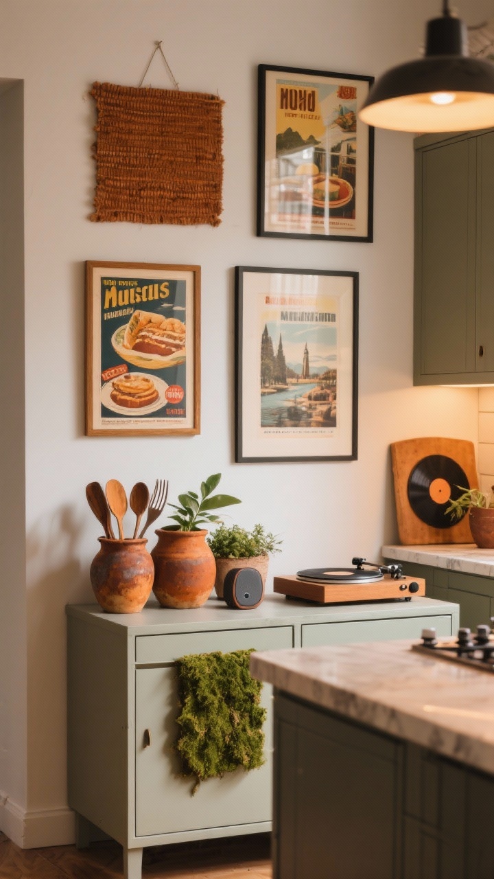 Straight-on medium shot of a styled art-and-music zone within the kitchen: framed vintage posters (food ads and travel prints) with warm-toned mats above a small sideboard; chunky pottery in ochre, rust, and moss used as utensil crocks and planters; a compact record player or Bluetooth speaker on the sideboard; counters nearby kept functional with decor clustered intentionally; warm ambient lighting, no people.