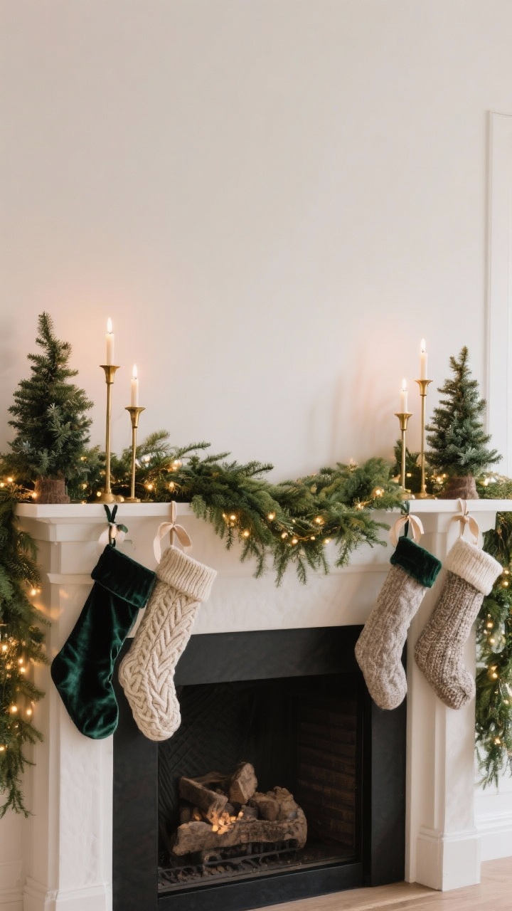 Straight-on medium shot of a styled mantel (or a console table masquerading as one) with a lush, realistic faux garland draped across as the base. Weave warm micro lights through the greenery, and add height with brass candlesticks and a pair of small tabletop evergreen trees flanking both sides. Hang mixed-texture stockings—cable knit and velvet—on pretty ribbon or hooks. Warm candlelit glow and micro light sparkle, symmetrical and polished.