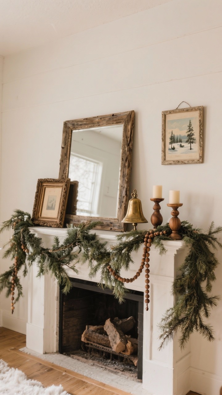 Straight-on medium shot of a styled rustic winter mantel (or faux mantel on a console): asymmetrical cedar garland draped for movement, layered art frames leaning (one large behind a smaller), brass bells, wooden beads, and a couple of candles. Finish the scene with a simple vintage mirror above and a small landscape print. Warm, soft lighting evokes cozy winter charm.