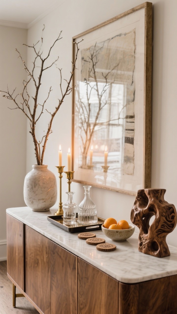 Straight-on medium shot of a styled winter sideboard: anchored by a large art piece or mirror reflecting candlelight, tall branches in a vase for height beside brass candlesticks, a tray with glass decanters, coasters, and a small bowl of citrus; a carved wood or ceramic sculptural object for texture; leave open surface space for serving; warm ambient lighting.