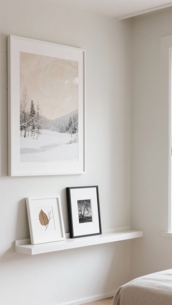 Straight-on medium shot of a wall with calm winter art: one commanding large piece—soft neutral abstract or muted winter landscape—framed with a thick white mat to look elevated. Nearby, a couple of black-and-white photos with generous white matting. A small shelf holds a frame with pressed leaves and minimal line art. Palette in cloud white, beige, and slate; quiet mood, diffuse natural light.