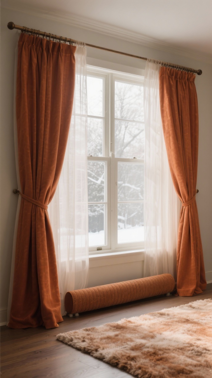 Straight-on medium shot of a window treatment setup for insulation: double rod with airy sheers closest to the glass and lined, heavier warm-toned drapes drawn partially; a plush rug below the window and a fabric draft stopper along the sill; the warm curtain color reflects cozy light back into the room; optional blackout liner hinted at; gentle winter daylight filtered through sheers; photorealistic.